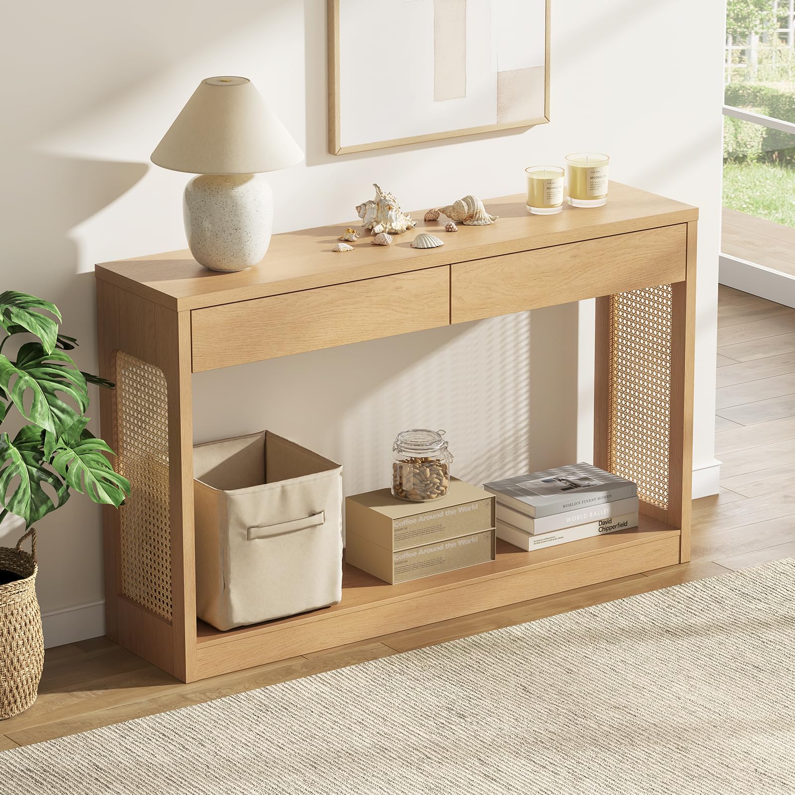Boho Rattan Console Table with Drawers & Open Shelf