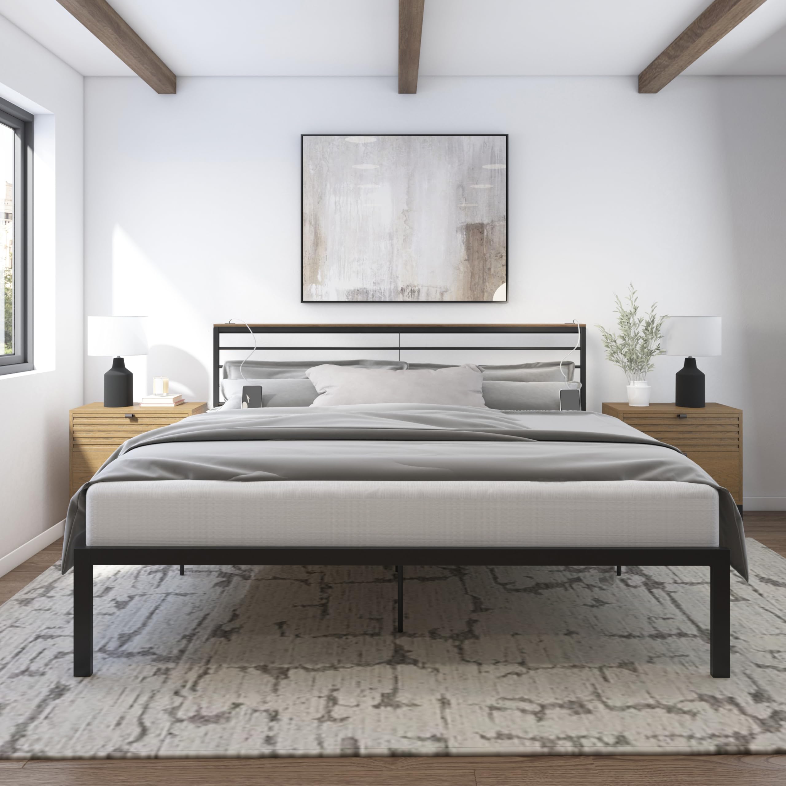 Crawford Metal King Platform Bed with USB Ports, Textured Black