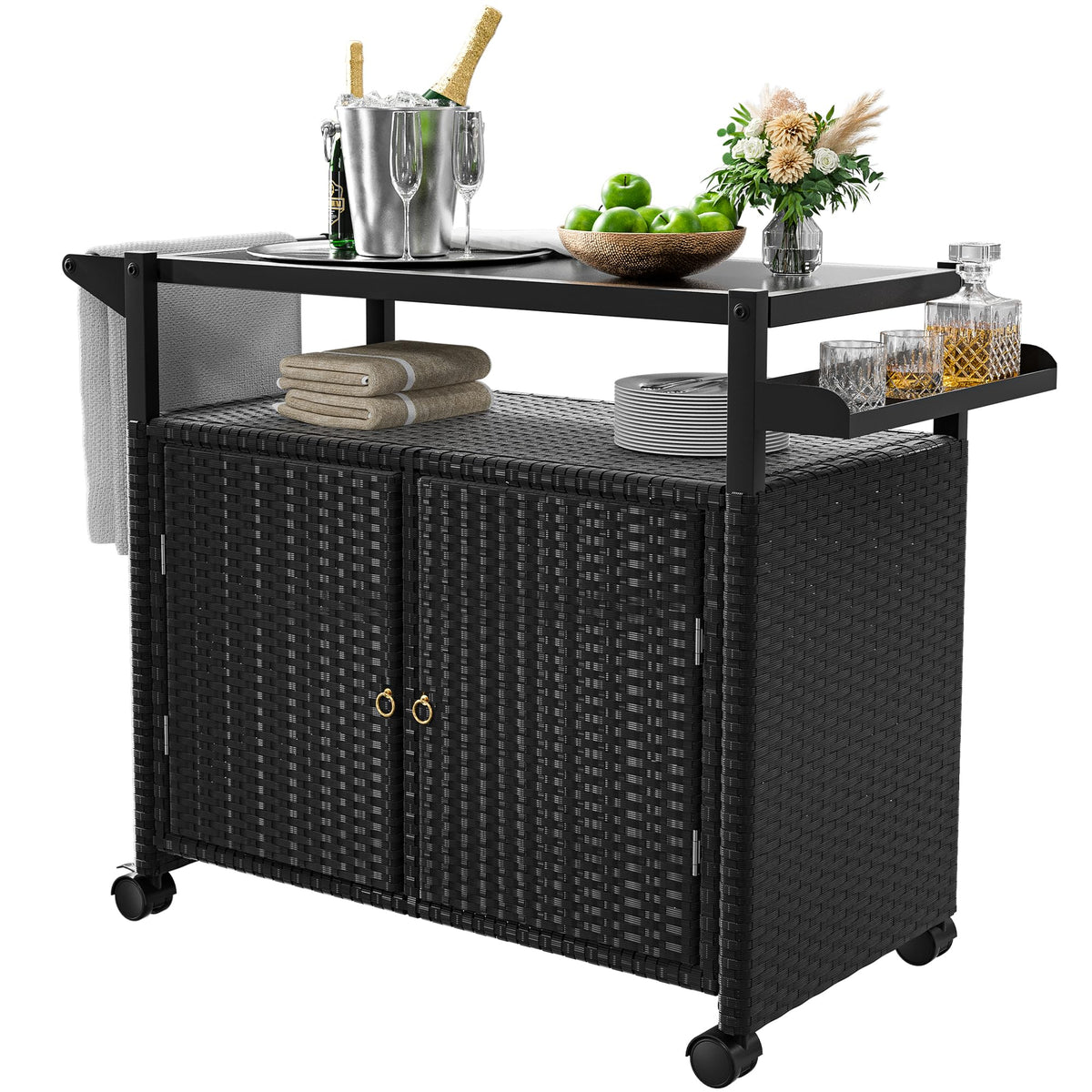 Outdoor Wicker Bar Cart with Cabinet & Tempered Glass Top