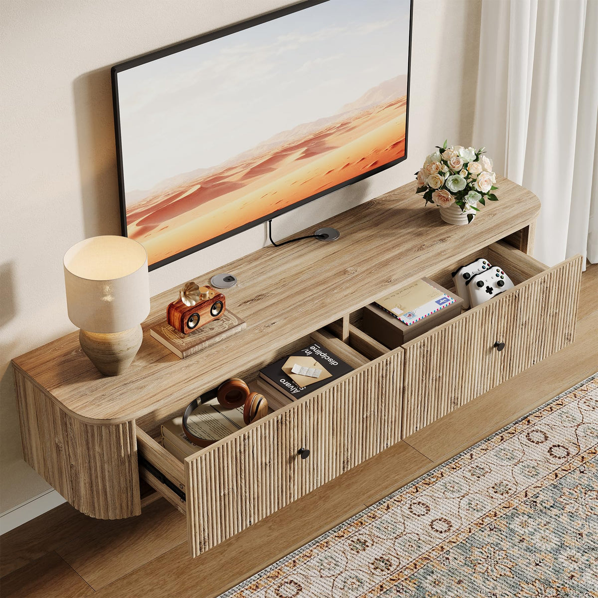 Floating TV Stand with Fluted Drawers