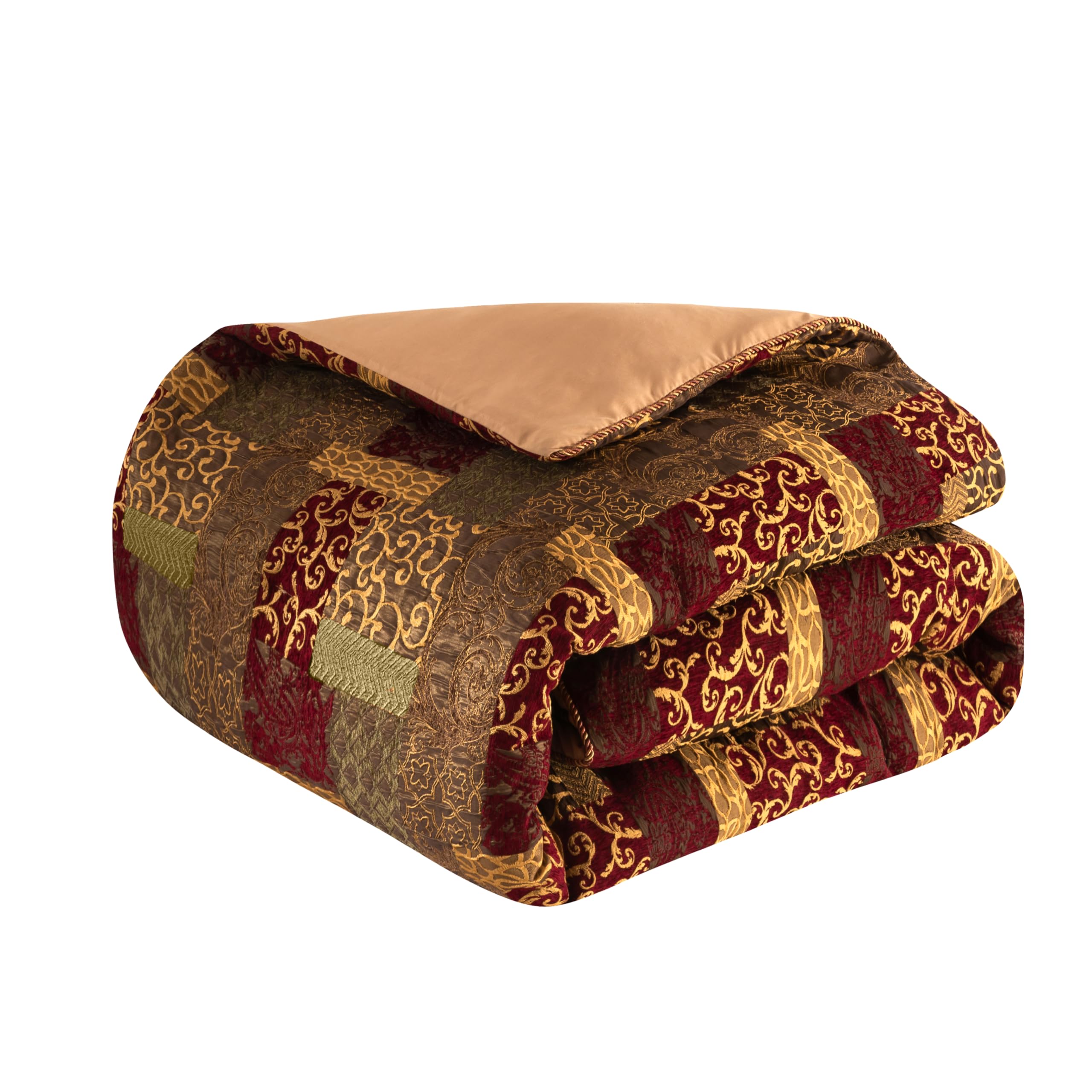9-Piece Jacquard Luxury Traditional Patchwork Comforter Sets, Ultra Soft Bedding with Euro Shams, Bedskirt, Filled Decorative Pillow for Home (Loong, King),Red Gold