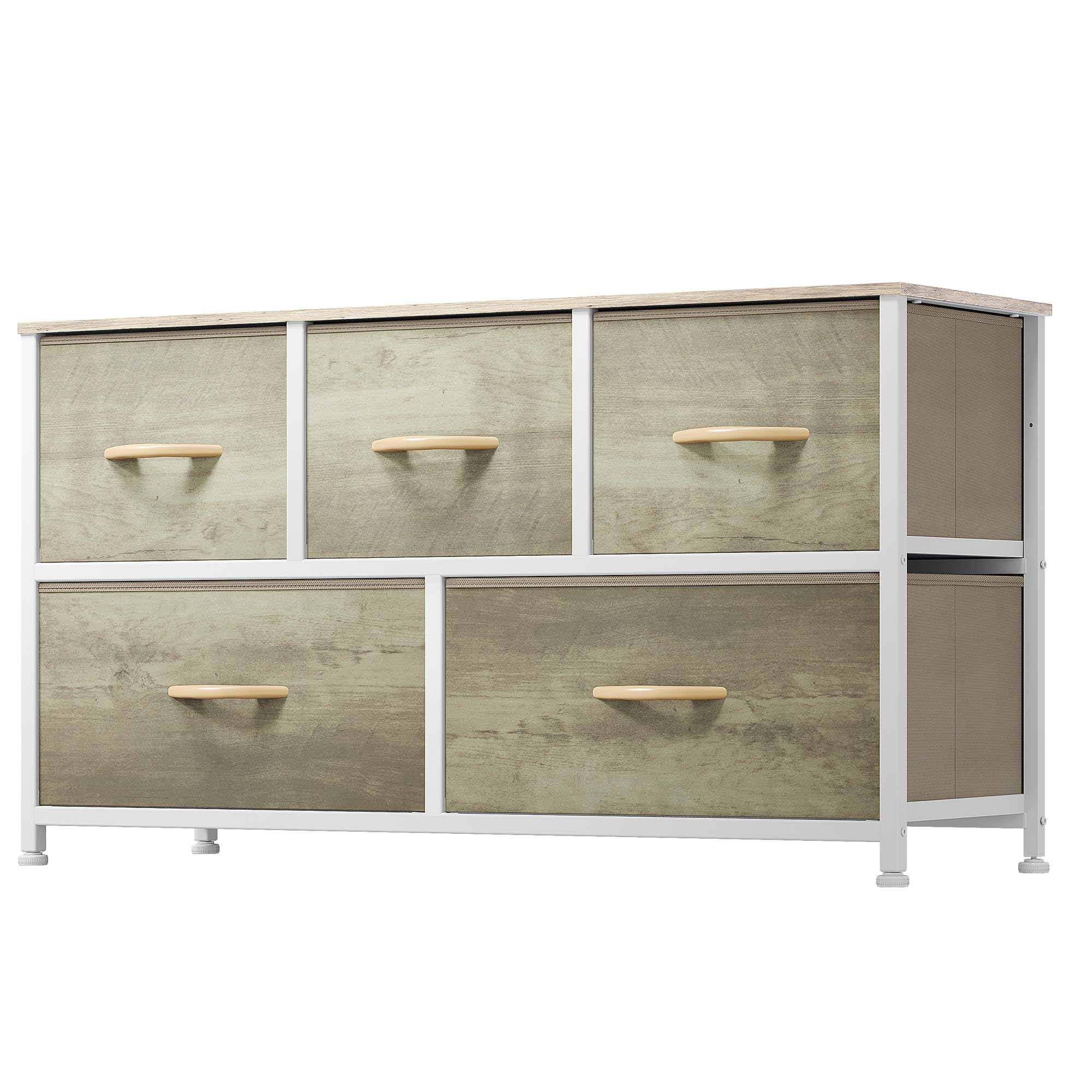 Wide Chest of Drawers, Dresser with 5 Drawers, Oak Grain Fabric Storage Tower