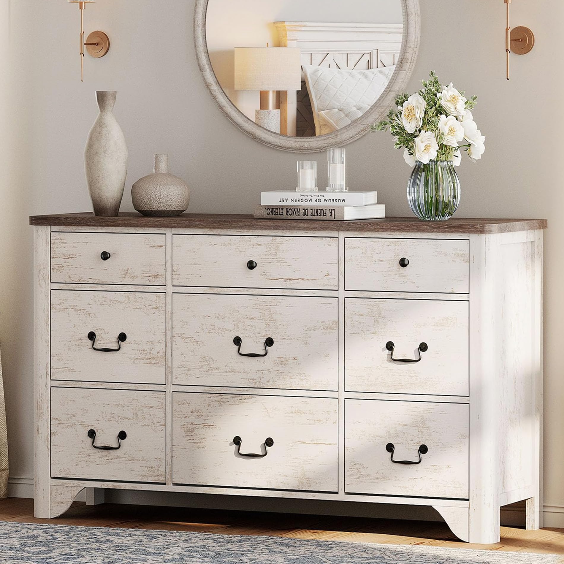 9 Drawers Dresser for Bedroom, 53.5'' Wide Farmhouse White Dresser