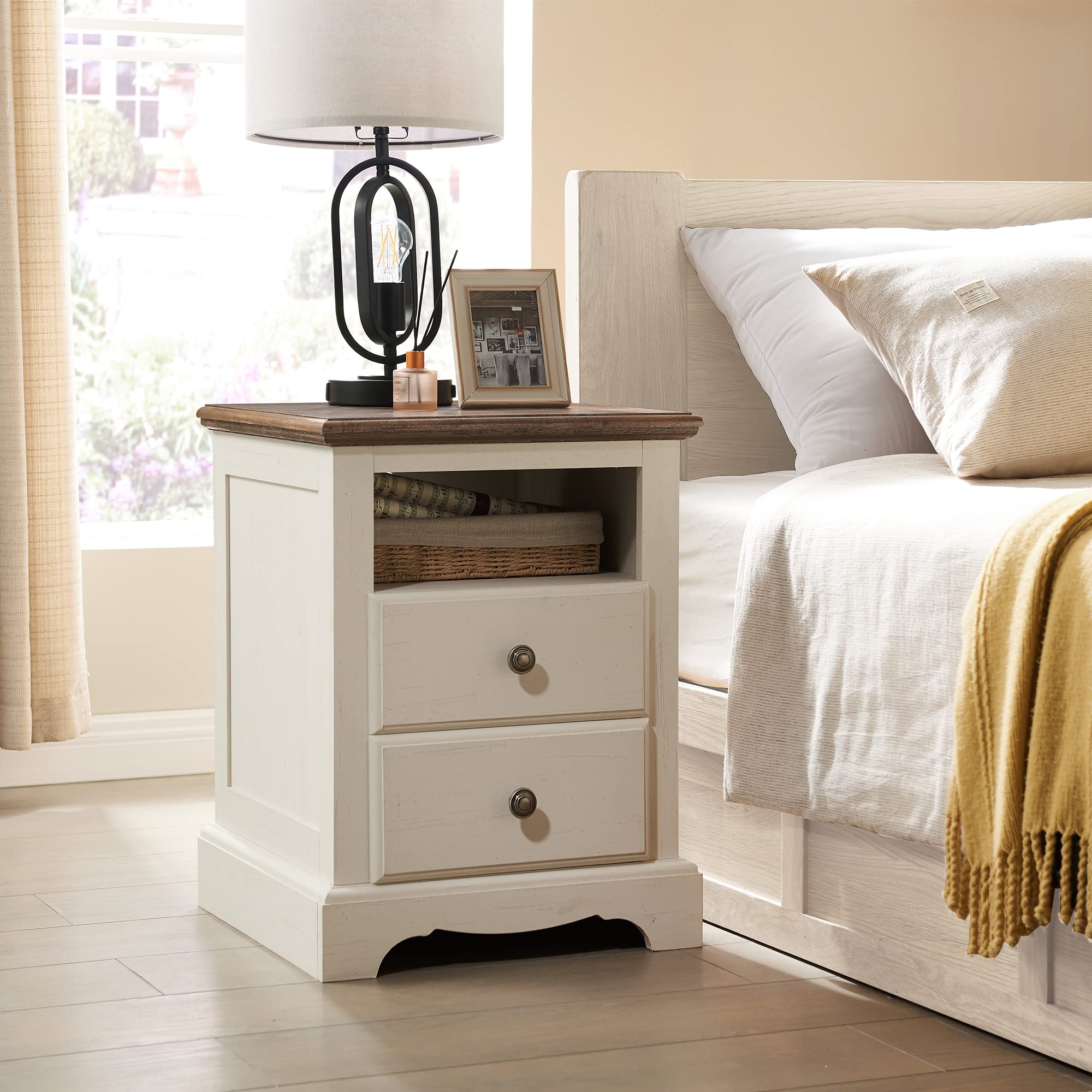 18 Inch Nightstand with Charging Station, Wood End Table with 2 Drawers for Living Room