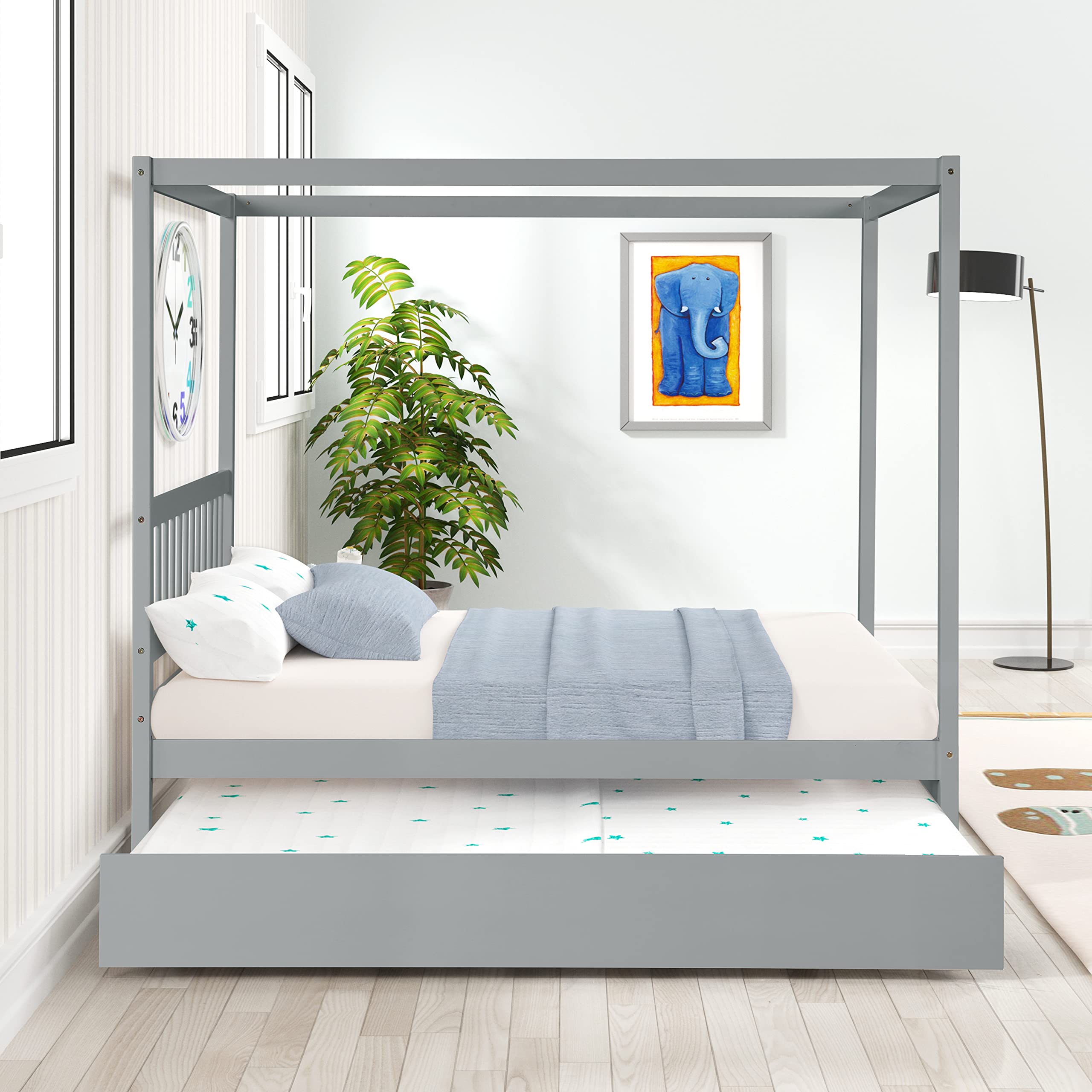Full Size Canopy Bed Frame with Trundle, Four-Poster Canopy Platform Bed Frame