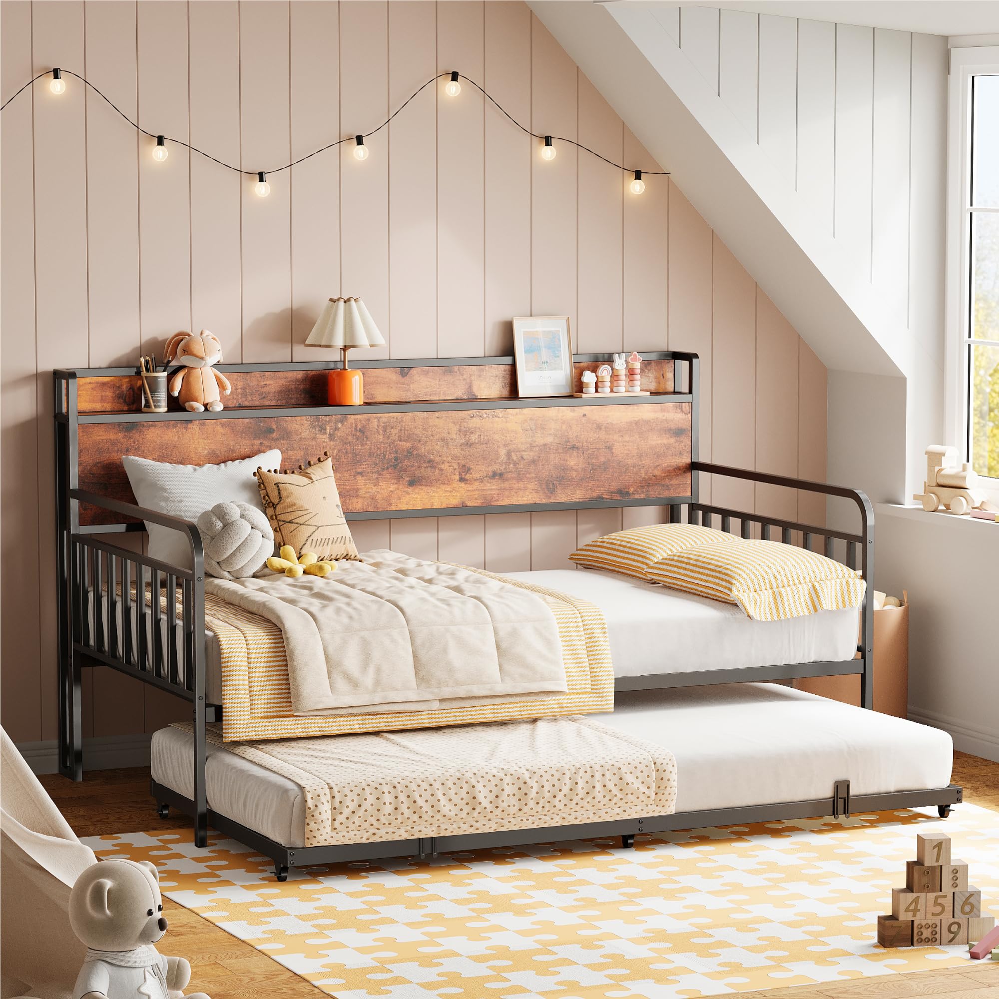 Daybed with Trundle, Twin Bed Frame with Storage Headboard and Charging