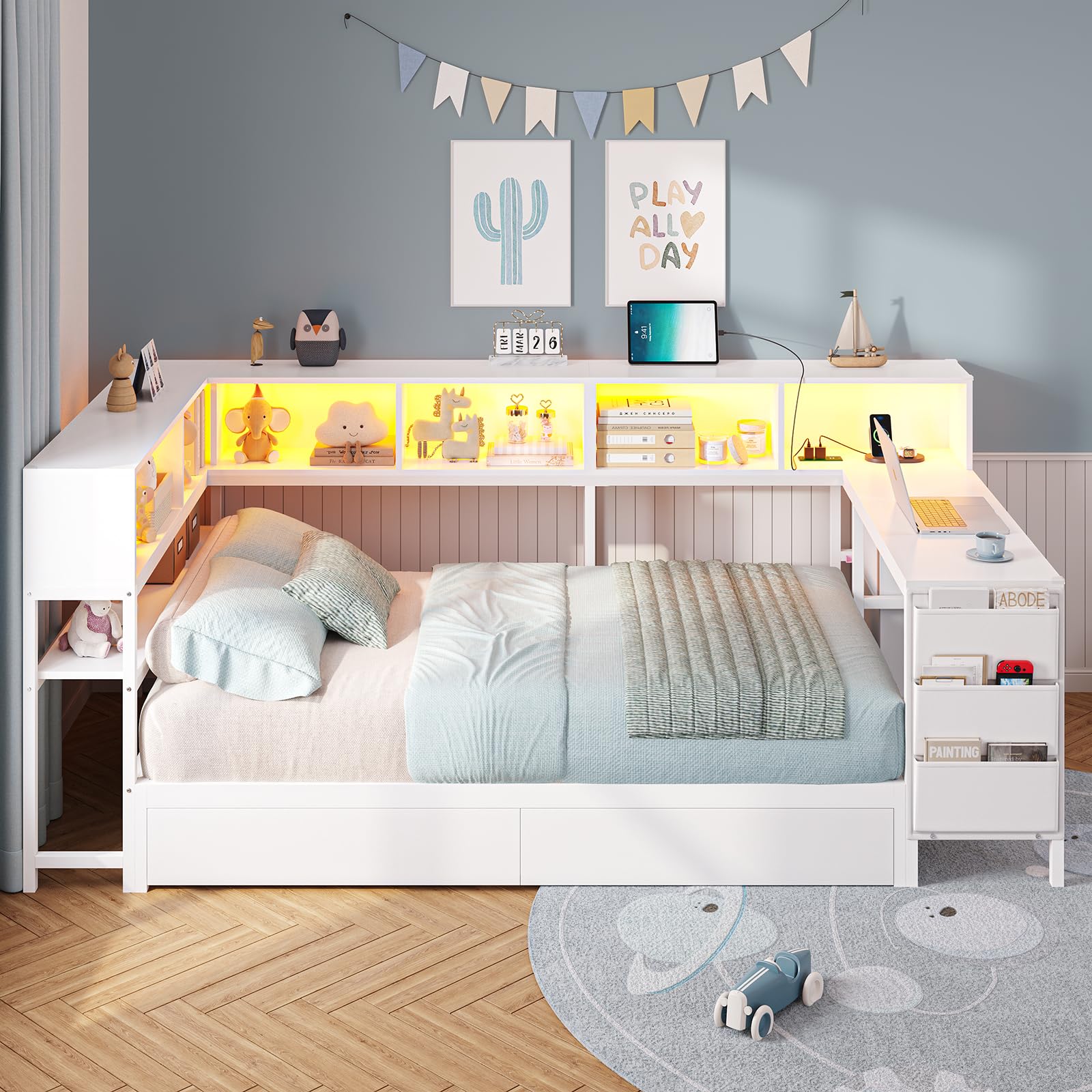 Corner Twin Bed Frame with Desk,Charging Station and Bookcase Storage