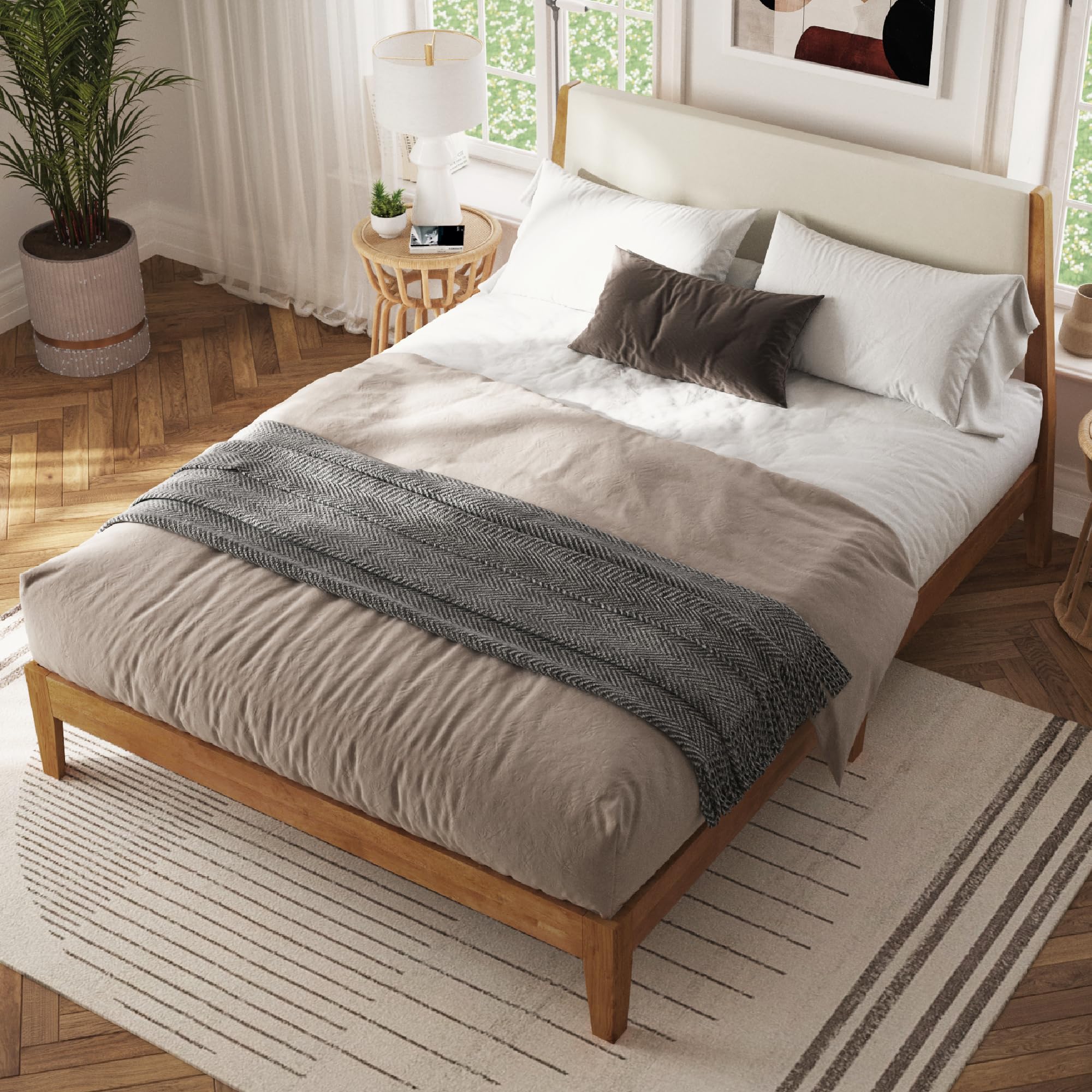 Solid Wood Easy Install Queen Bed Frame with Unique Headboard