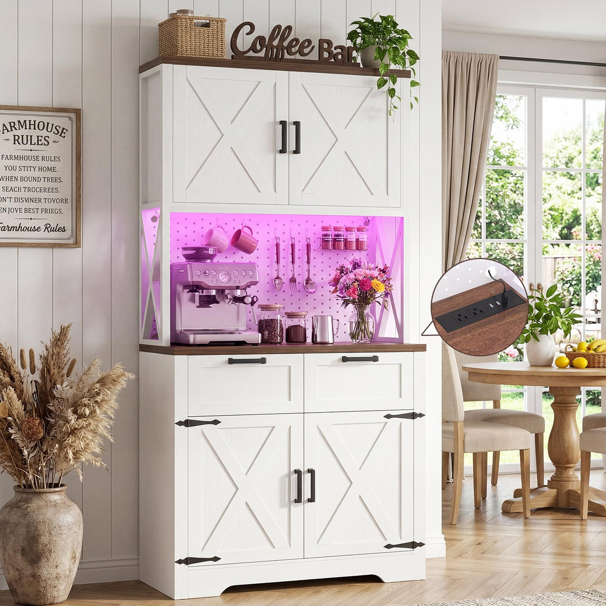 71" Tall Kitchen Pantry Cabinet with Microwave Countertop & LED Pegboard