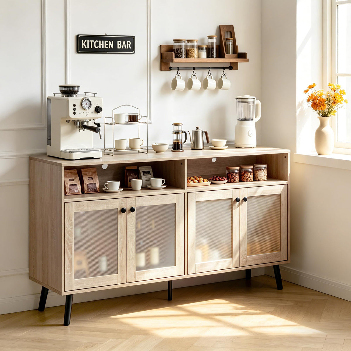 Coffee Bar Cabinet with Frosted Glass Doors & Open Shelves