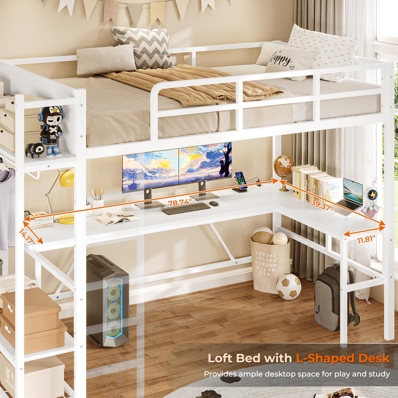 Shaped Desk, LED Lights and Charging Sation, Loft Bed Twin Size