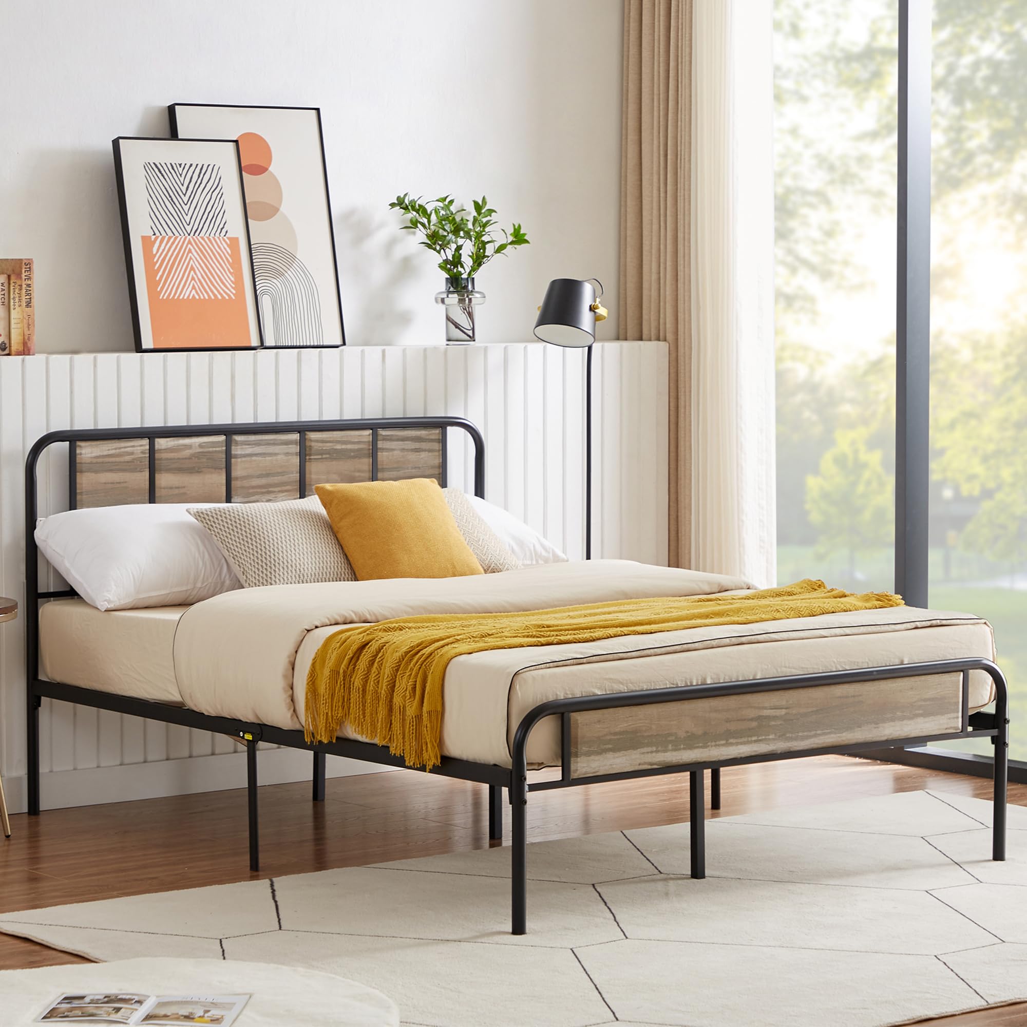 Full Size Platform Bed Frame with Wooden Headboard