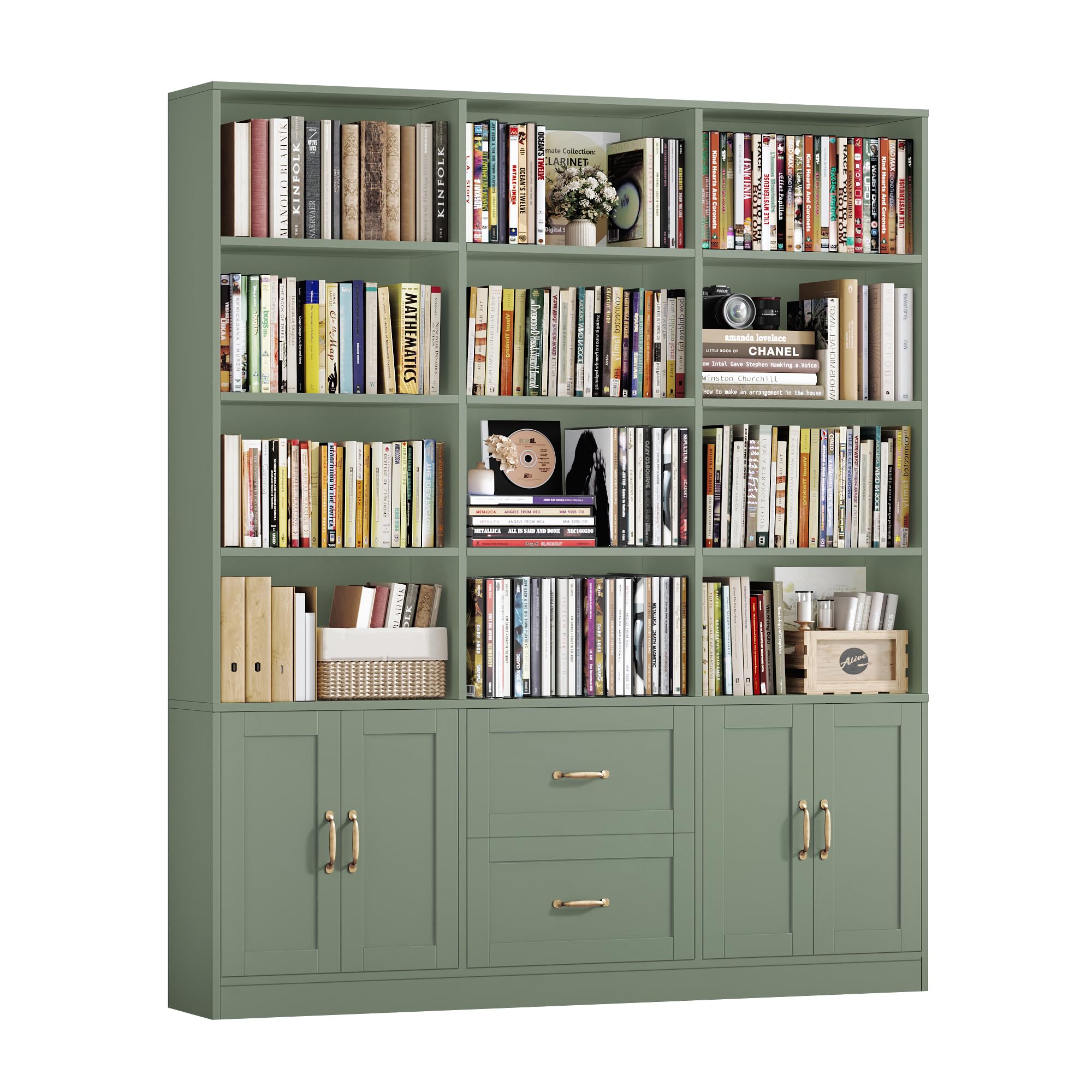71" Tall Triple Wide Bookshelf with Drawers & Doors