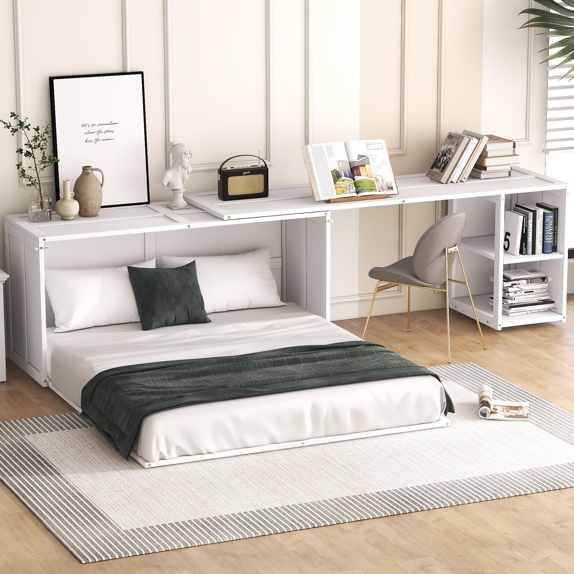 Queen Size Murphy Bed with Rotable Desk, Space-Saving Design Wall