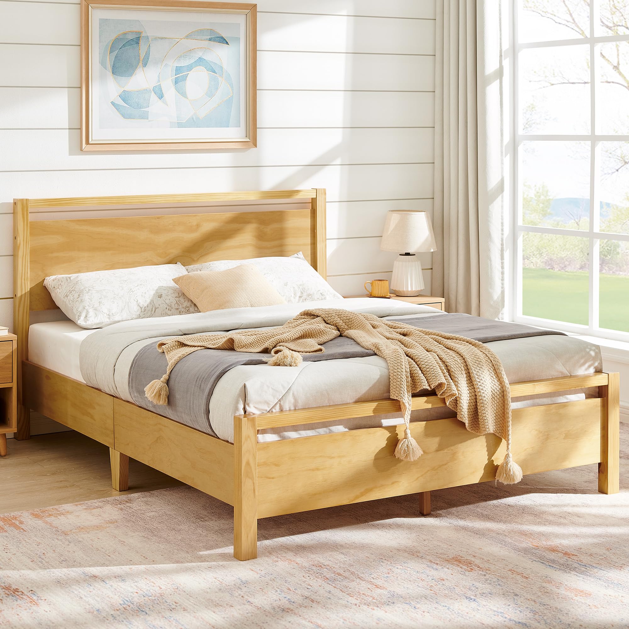 Queen Size Solid Wood Bed Frame with Headboard, Minimalist Platform Bed