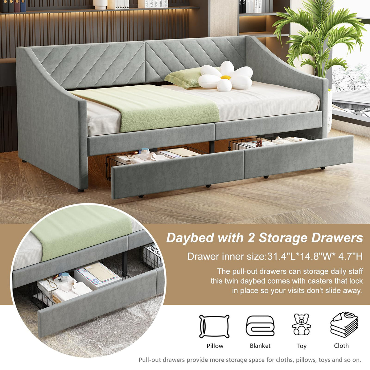 Twin Upholstered Daybed with Storage Drawers & Charging Station