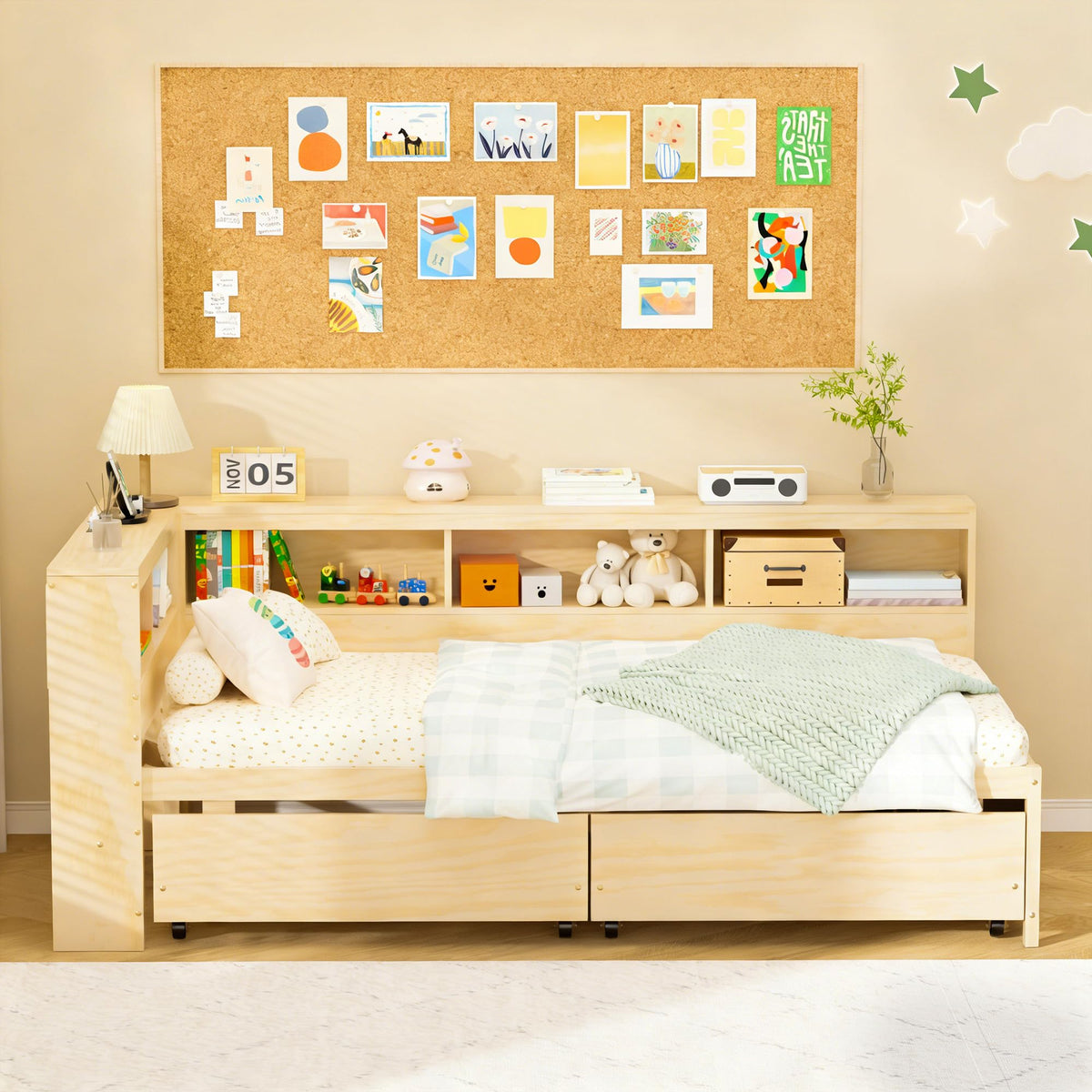 Twin Corner Bed Frame with Storage, LED Lights & Charging Station