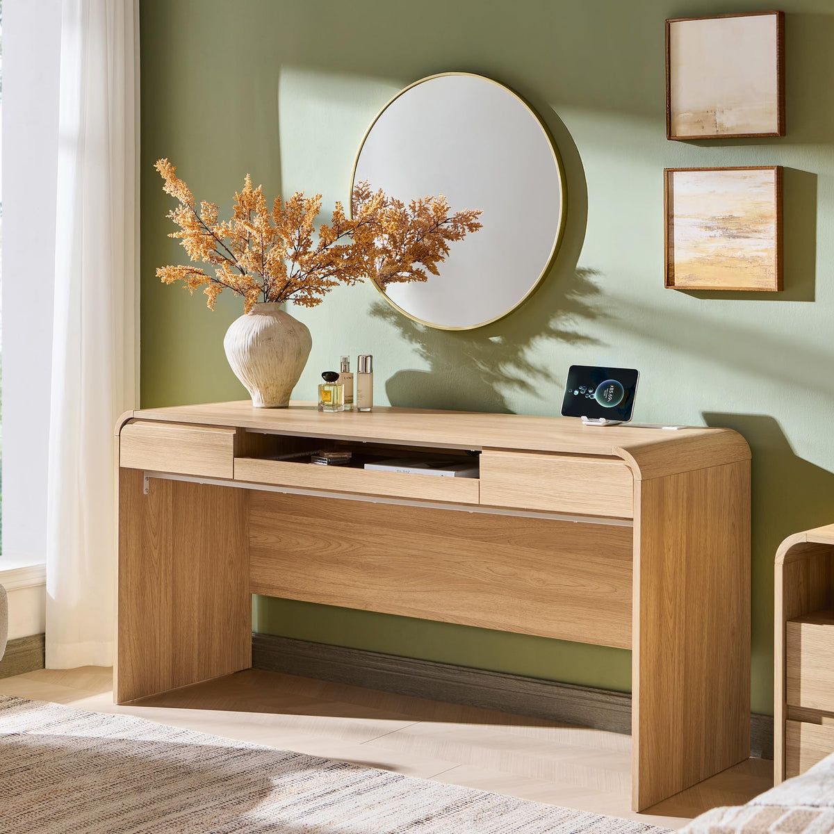 63" Curved Computer Desk with Charging Station & Keyboard Tray