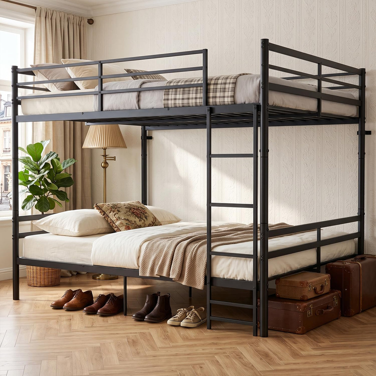 Metal Bunk Bed with Ladder and Guardrail