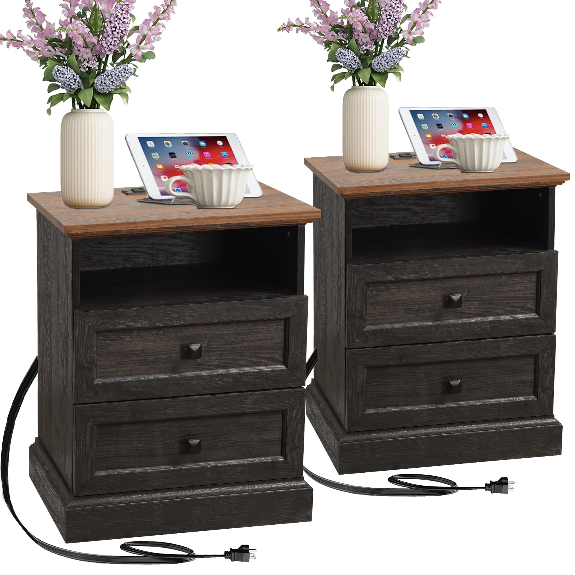 Night Stand Set of 2 with Charging Station, Bedside Table with 2 Drawers Storage
