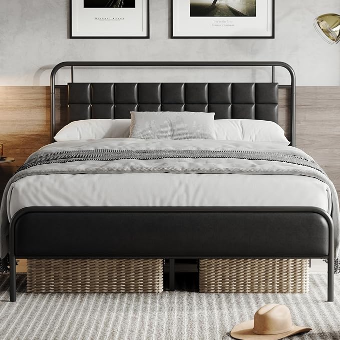 PU Leather Queen Bed Frame, Queen Size Metal Platform Beds