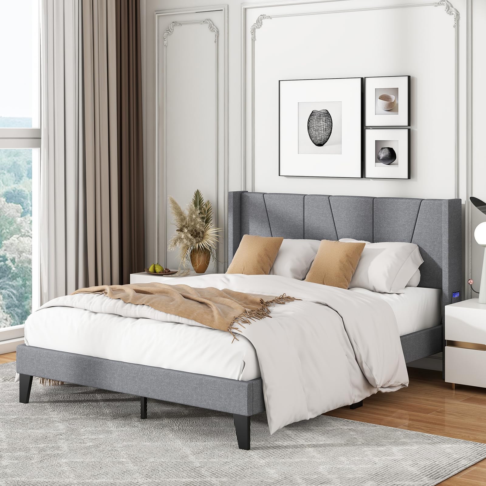 Queen Bed Frame with Wingback Headboard, Modern Upholstered Platform Bed