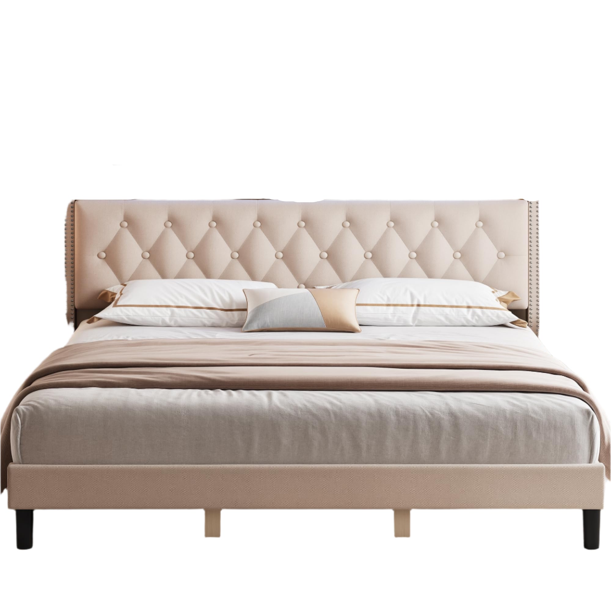 King Bed Frame with Headboard, Platform Upholstered Bed Frame