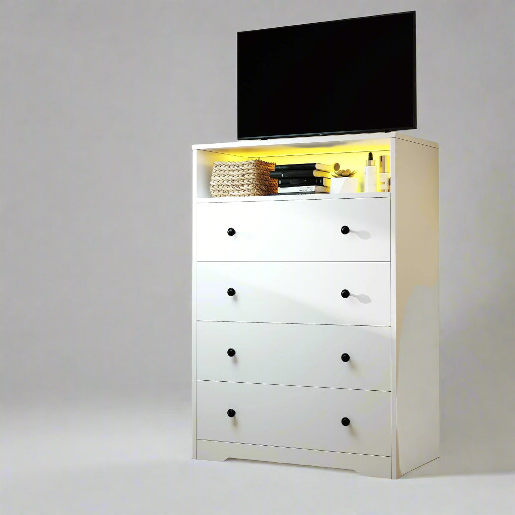 White Dresser with LED Light, Tall Dresser with 4 Drawers & 1 Shelves