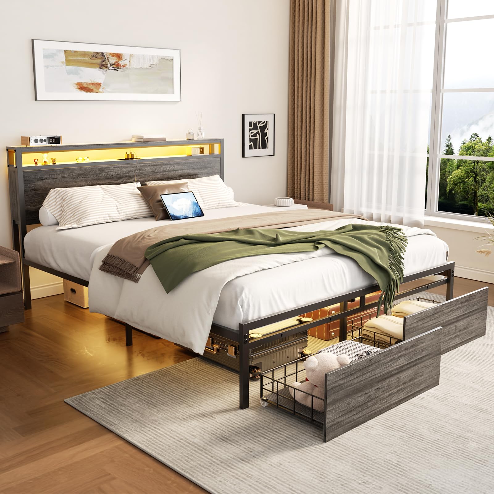 Full Bed Frame with Storage, Full Size Bed Frame with Drawers