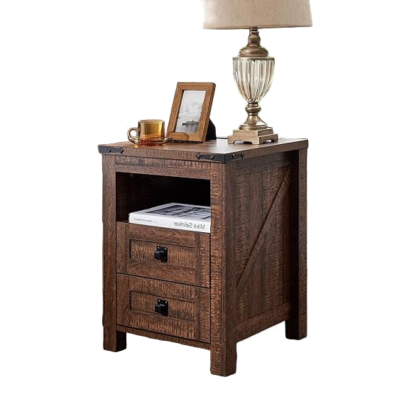 Farmhouse Nightstand with Charging Station, Rustic 18 Inch End Table