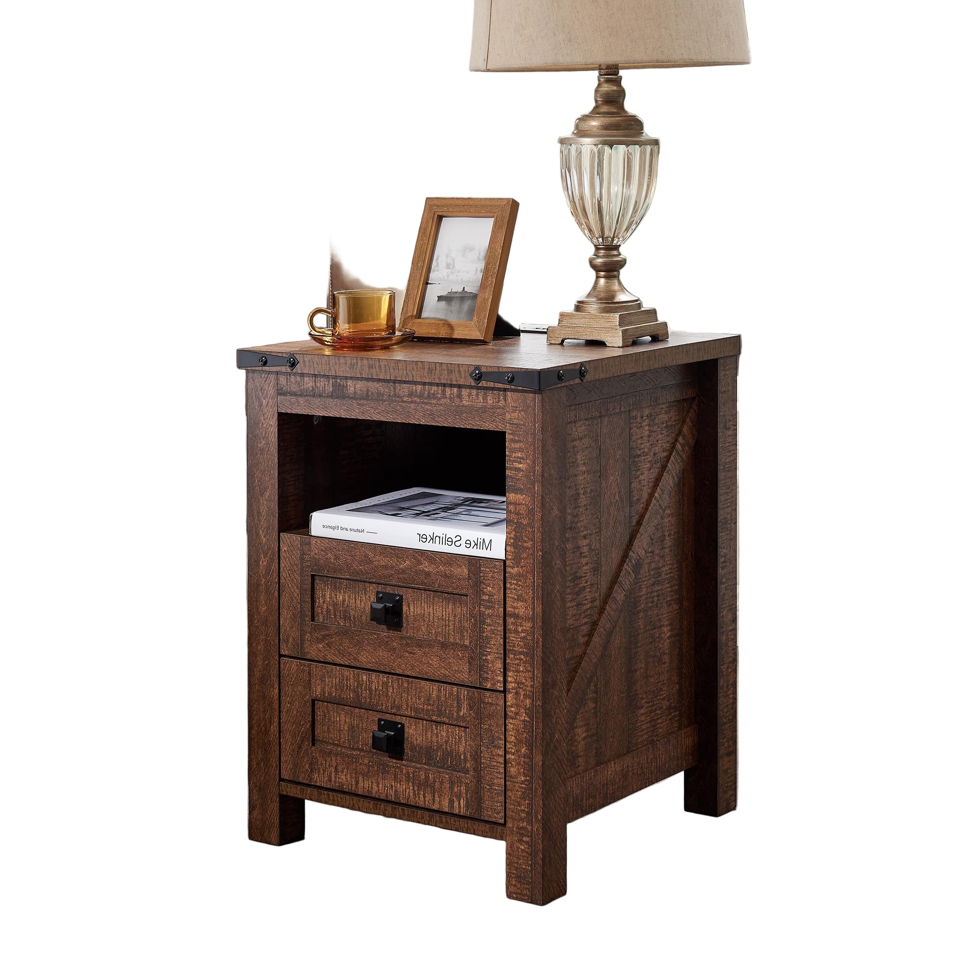 Farmhouse Nightstand with Charging Station, Rustic 18 Inch End Table
