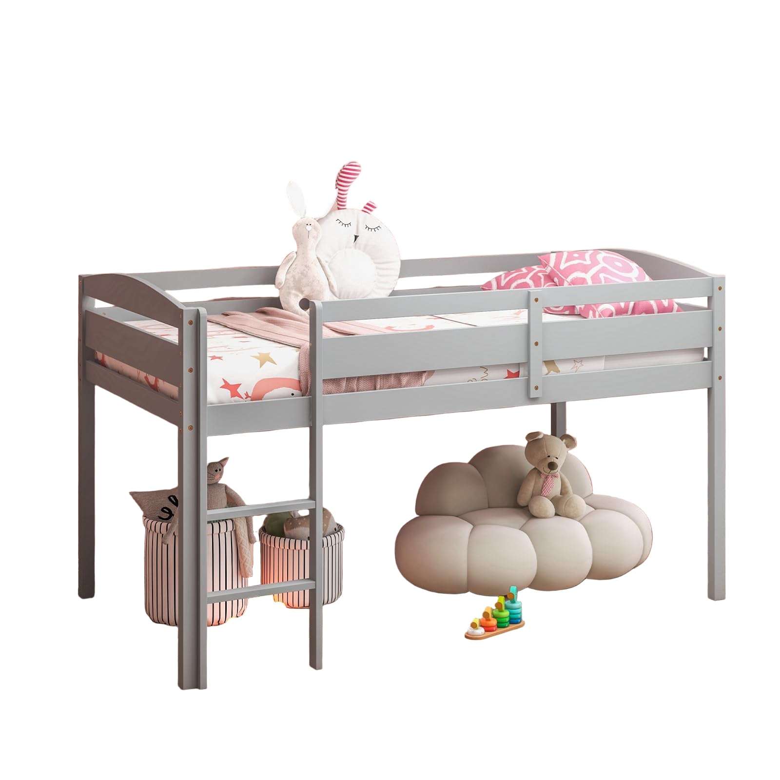 Loft Bed with Ladder, Wood Low Profile Loft Bed with 30" Clearance
