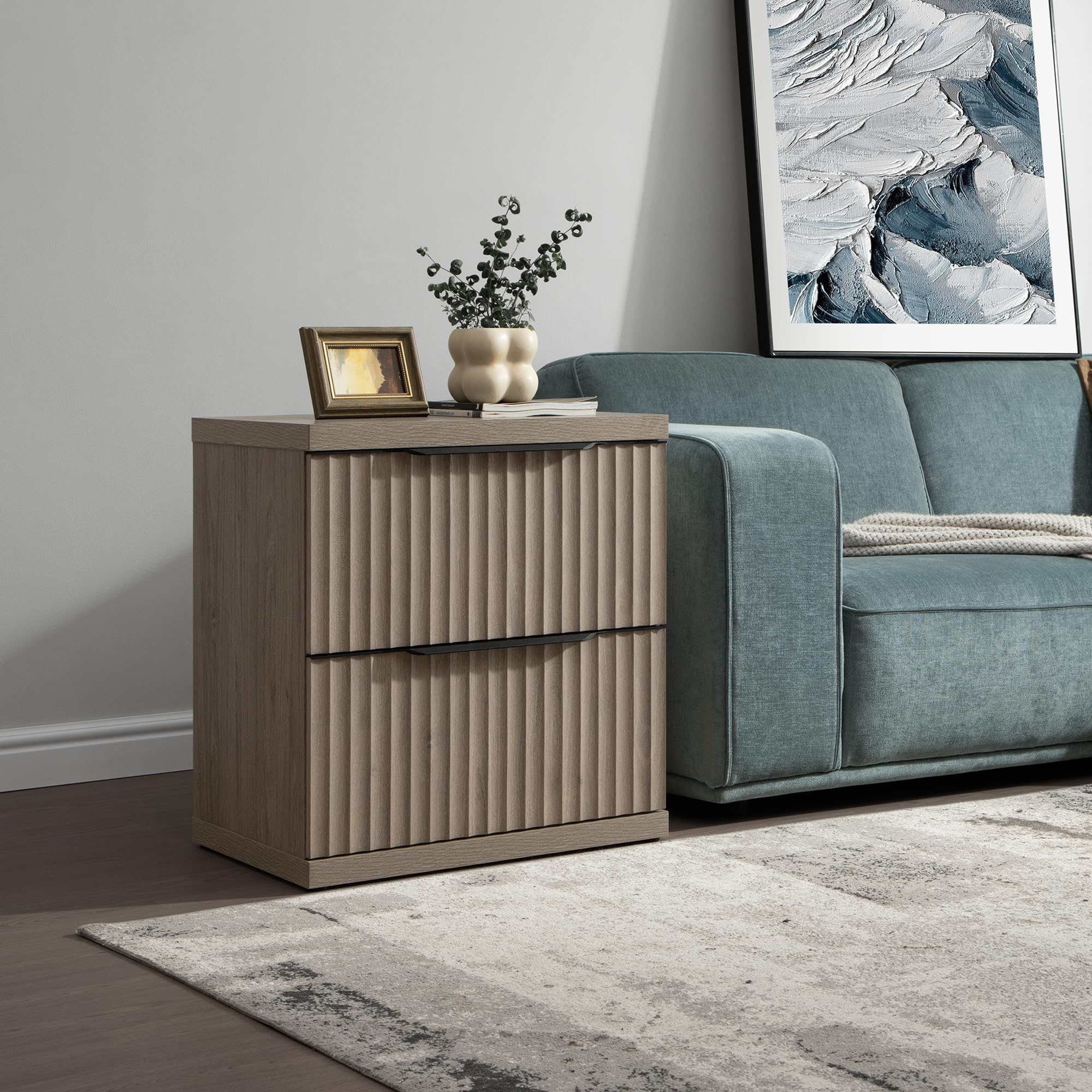 Night Stand Set 2 Fluted, Large Nightstands with 2 Storage Drawers