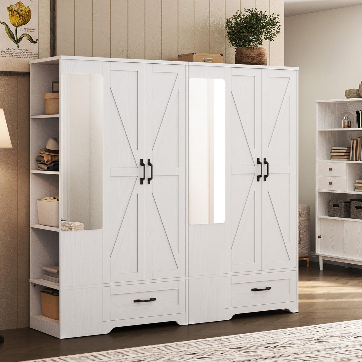 Wardrobe Closet with Mirror, Barn Door, Hanging Rod & Drawer