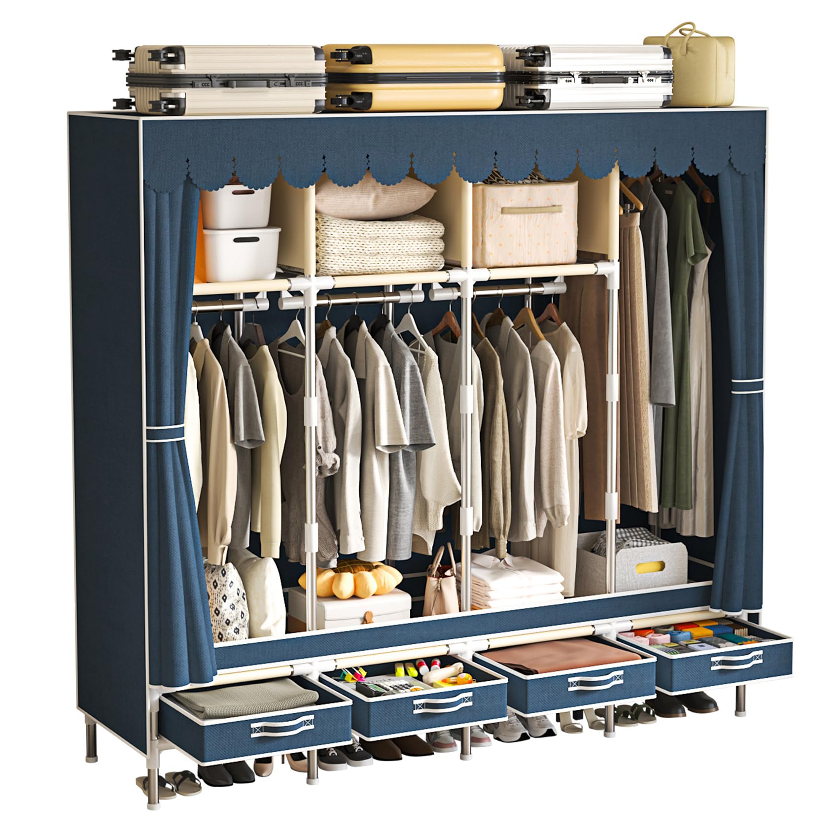 Portable Wardrobe with 4 Drawers and 3 Shelves, 67 Inch Large Capacity