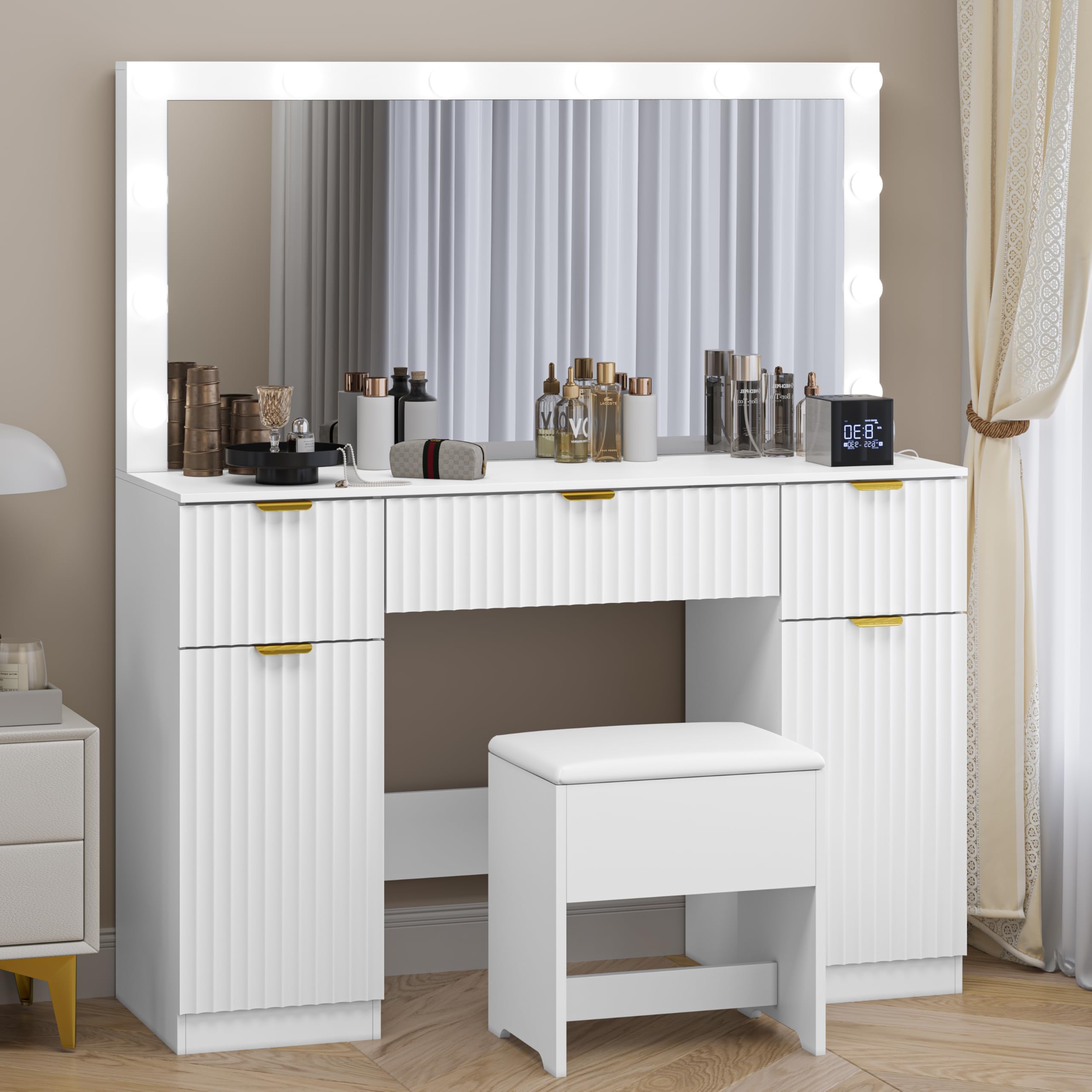 Fluted Makeup Vanity with Large Lighted Mirror and Chair, 7 Drawer Dressing