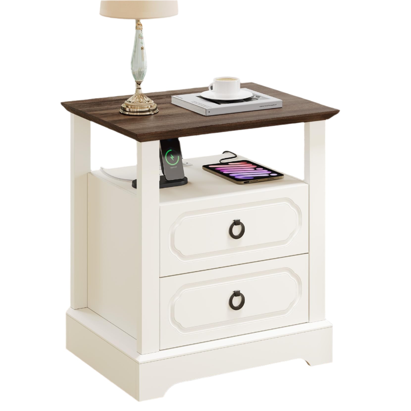 21.3" Farmhouse Nightstand with Charging Station, Modern End Table