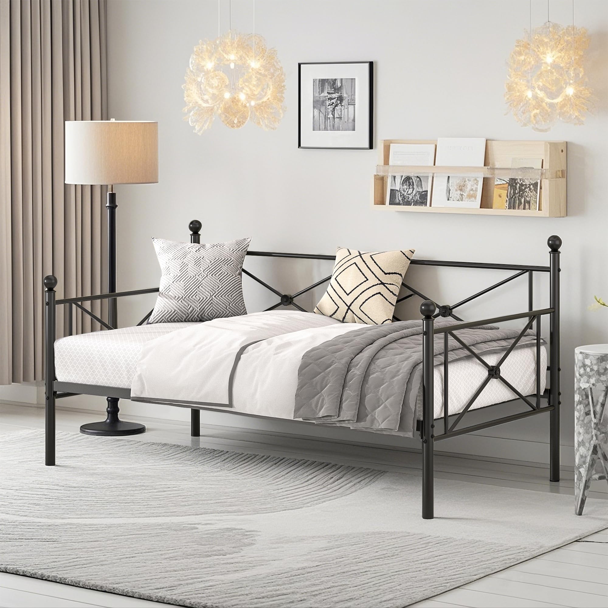 VECELO Twin Daybed Frame, Metal Day Bed with Stylish Headboard, Multifunctional Platform Beds for Bedroom, Living Room, Guest Room, No Boxing Spring Needed, Black