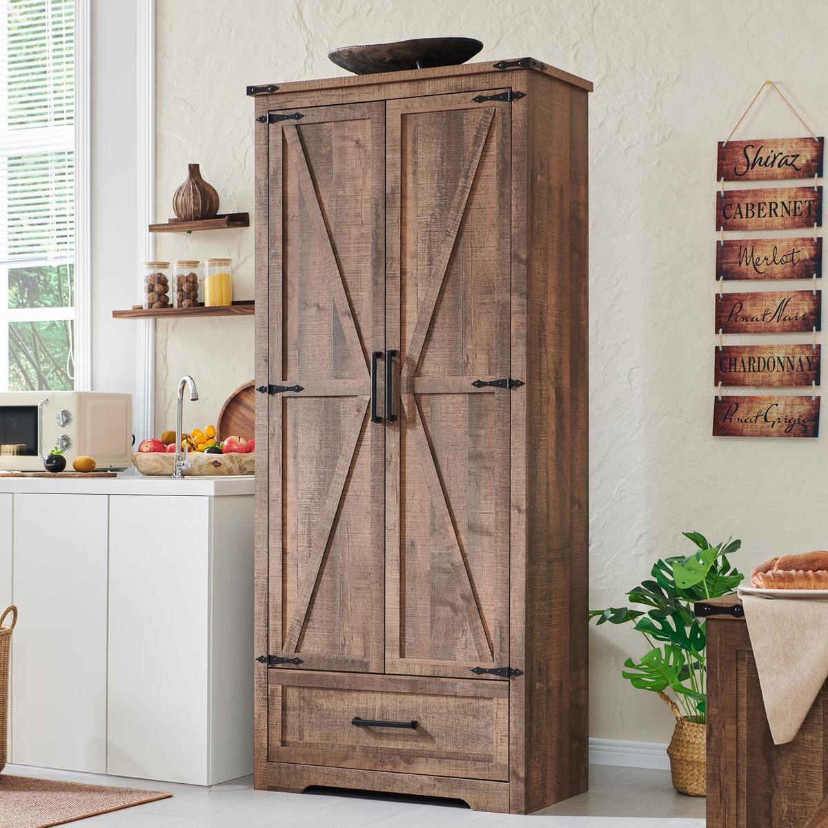 71" Farmhouse Pantry Cabinet with Barn Doors, Drawers & Adjustable Shelves
