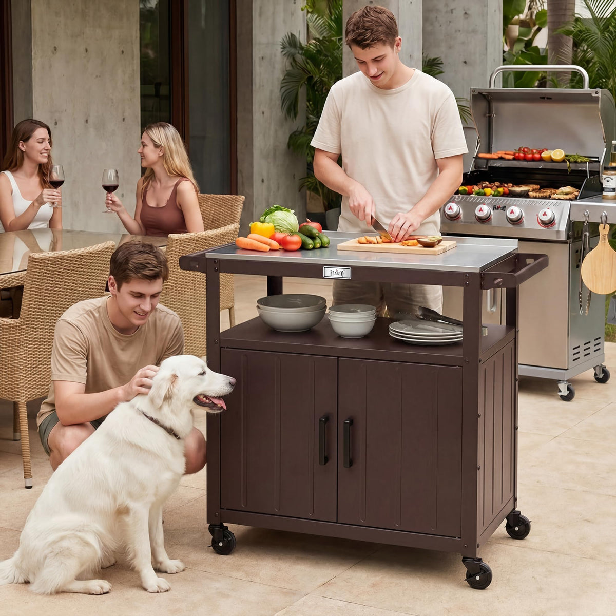 Outdoor Grill Cart with Storage Cabinet & Stainless Steel Top