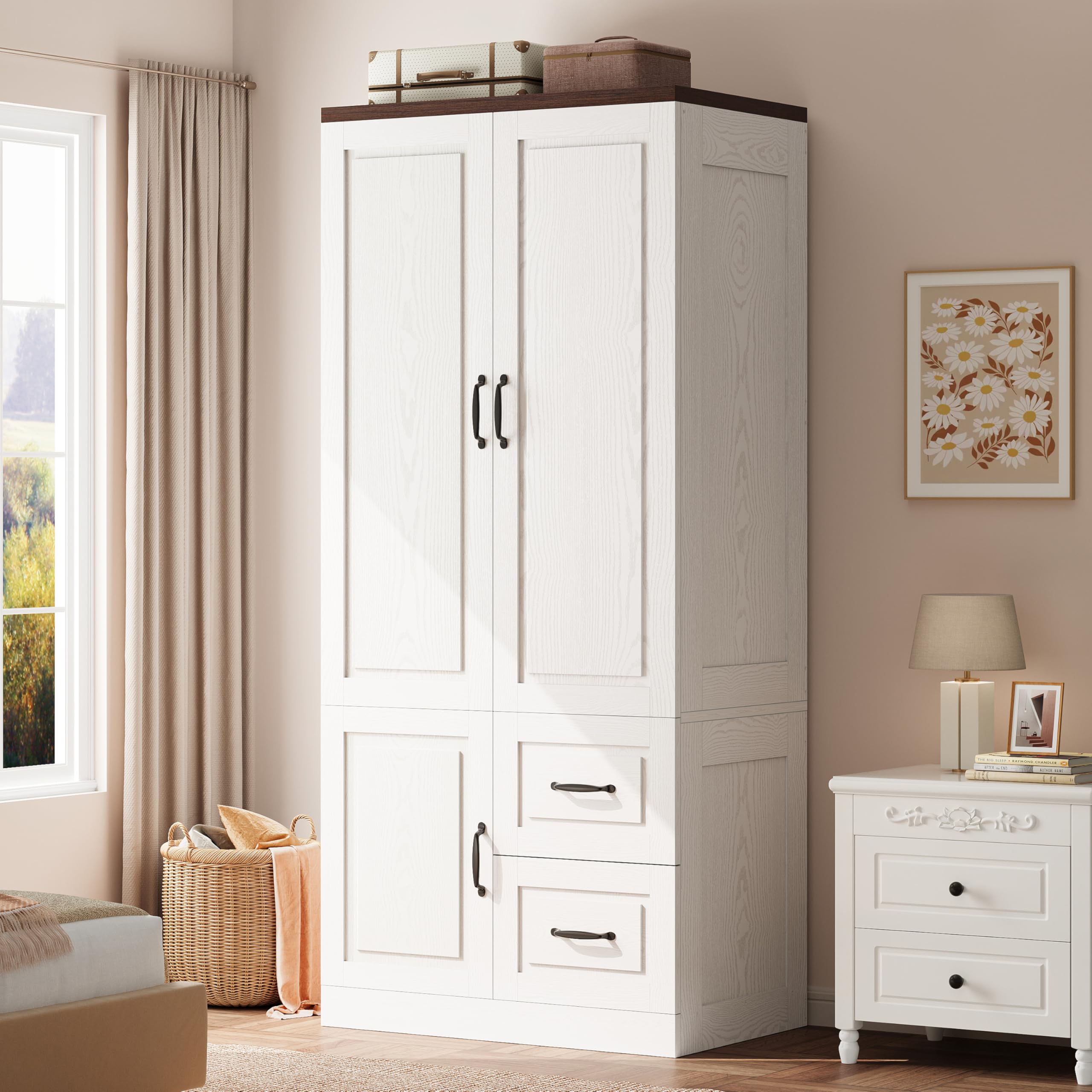 Armoire Wardrobe Closet with Drawers, 71 Inches Tall Wooden Modern Bedroom Armoires