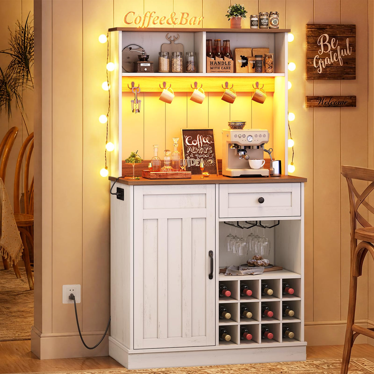 Farmhouse Coffee Bar Cabinet with Hutch, Power Outlet & LED