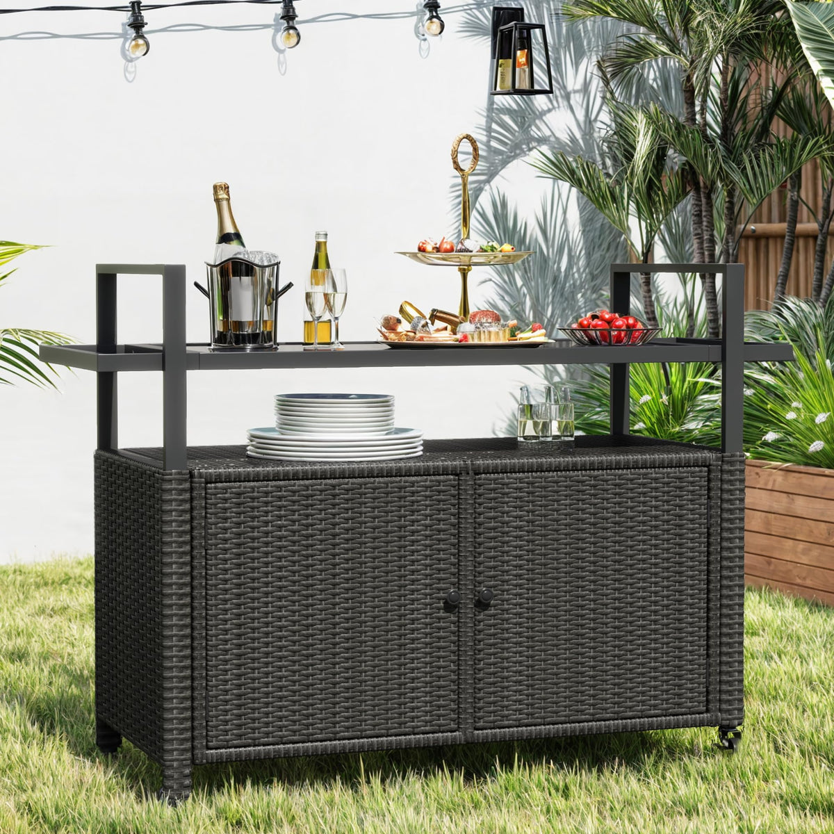 Outdoor Bar Cart with Glass Top & Storage Cabinet