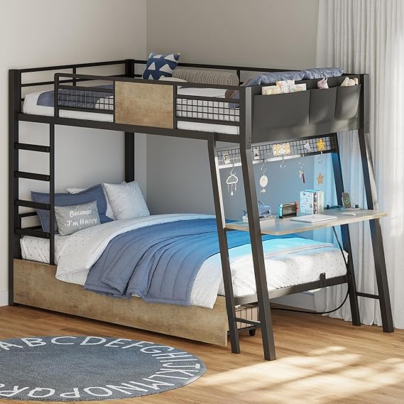 Bunk Bed with Desk, Twin Over Twin Metal Bunk Beds with Power Outlets