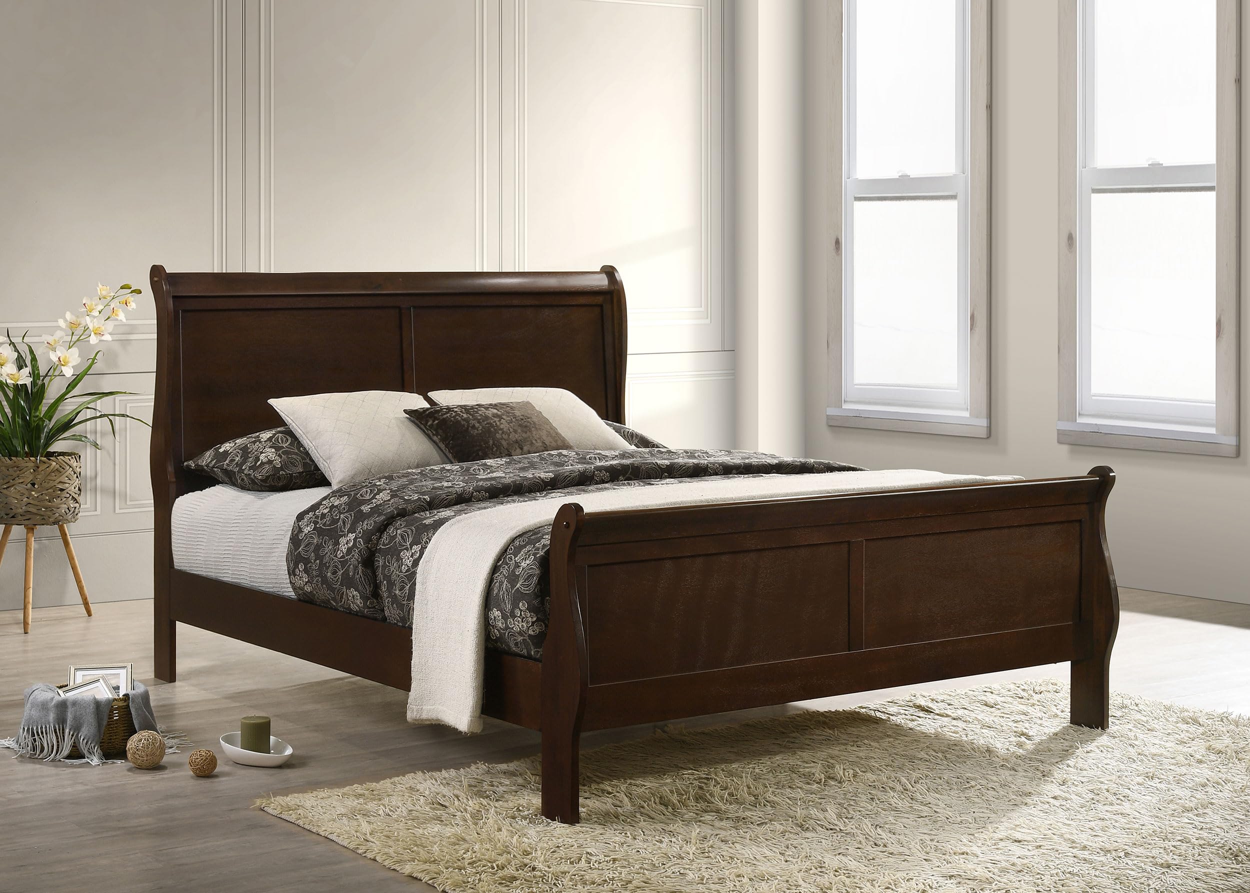 Bedroom Wooden Eastern King Size Sleigh Bed Frame 47-Inch Panel Headboard