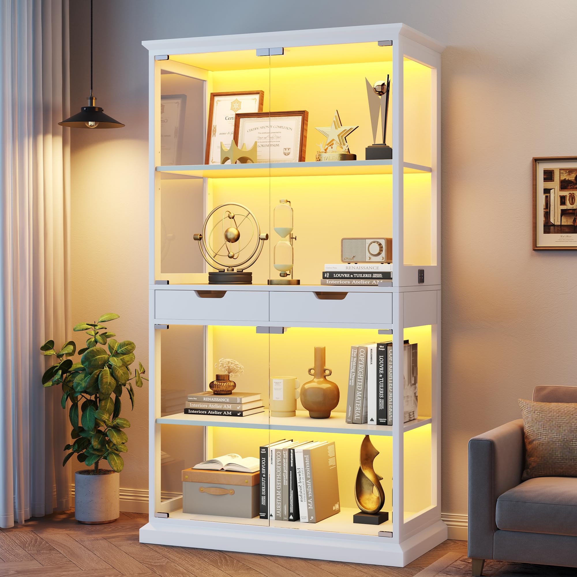 68" Glass Display Cabinet with RGB Lights & Human Sensor, 4-Tier Curio Cabinet with 2 Drawers