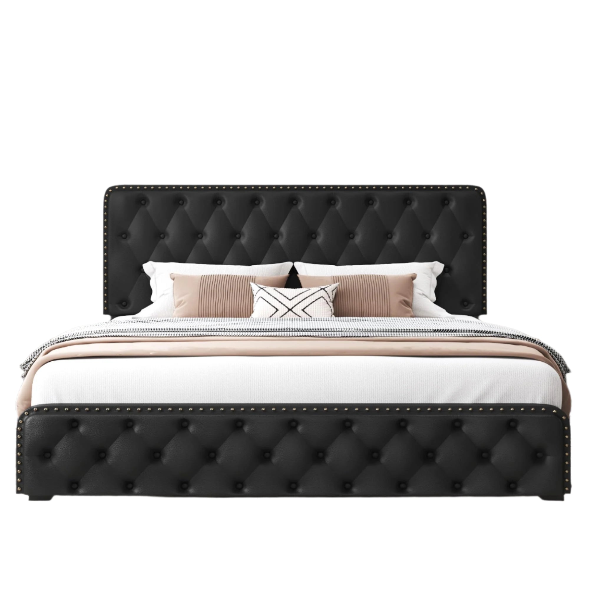 Queen Bed Frame with Headboard Faux Leather Upholstered Metal