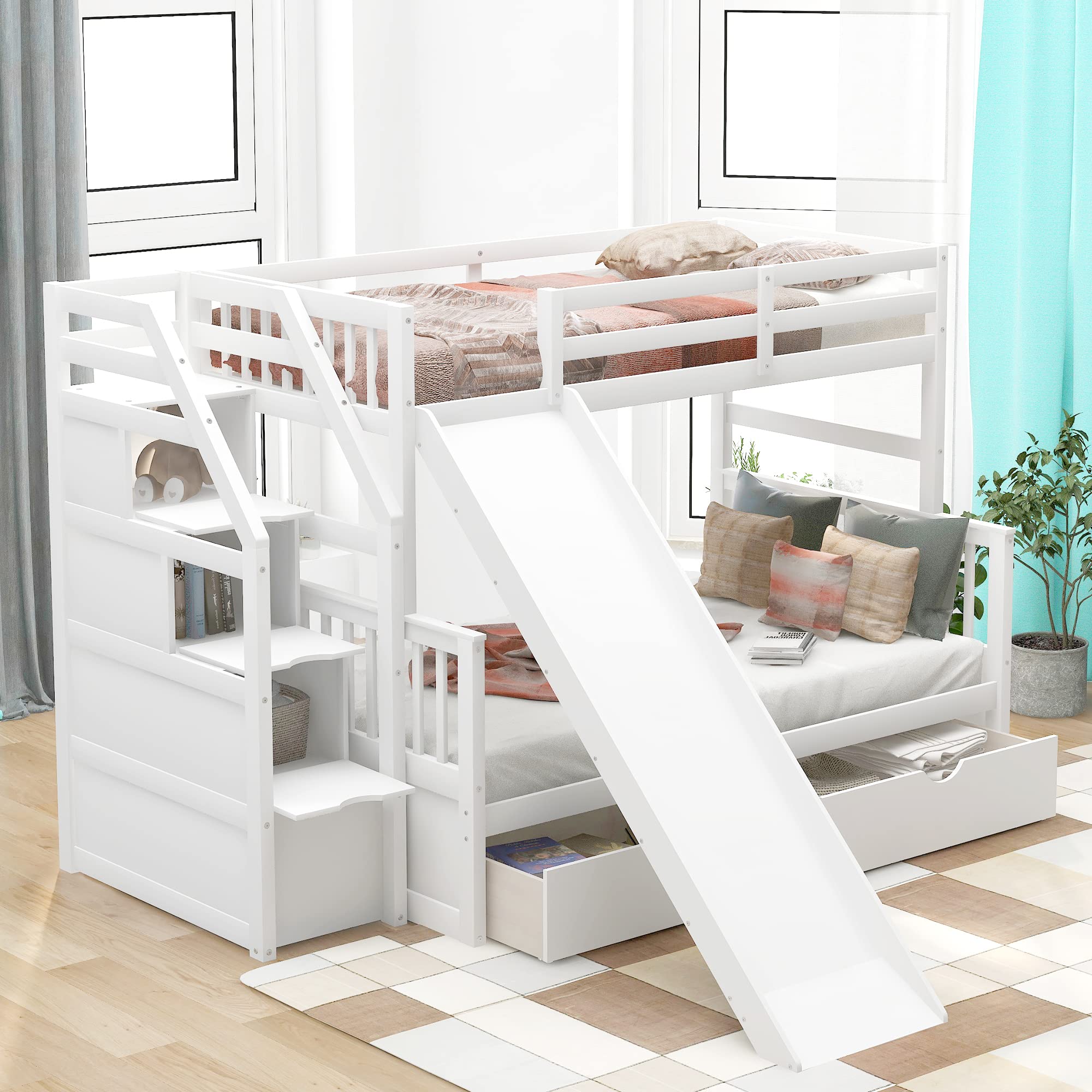 Bed Twin Over Full Size with Slide, Twin Over Full Bunk Bed with 3 Stairs