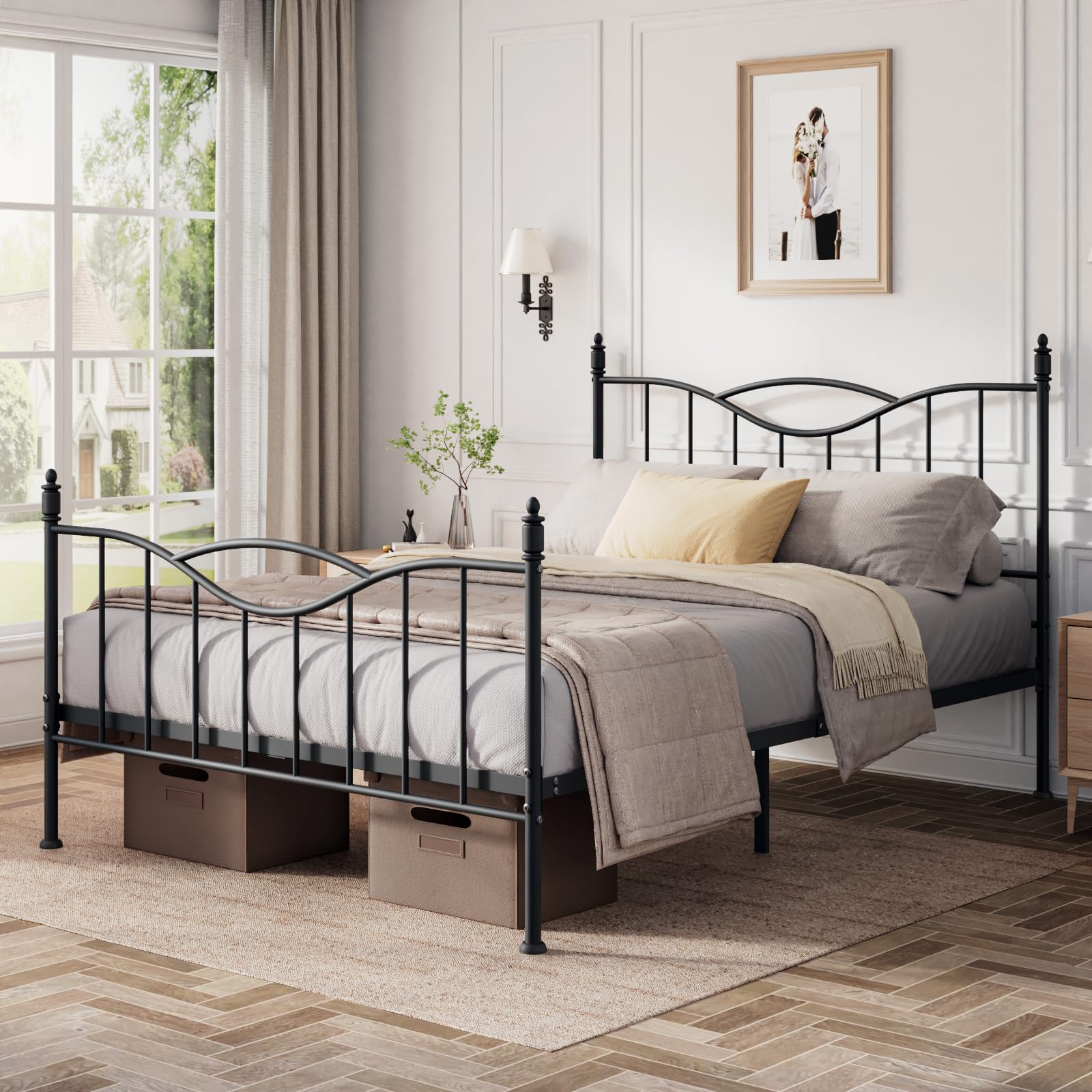 Size Bed Frame with Headboard,14 Inch Tall Metal Platform Bed Frame Mattress