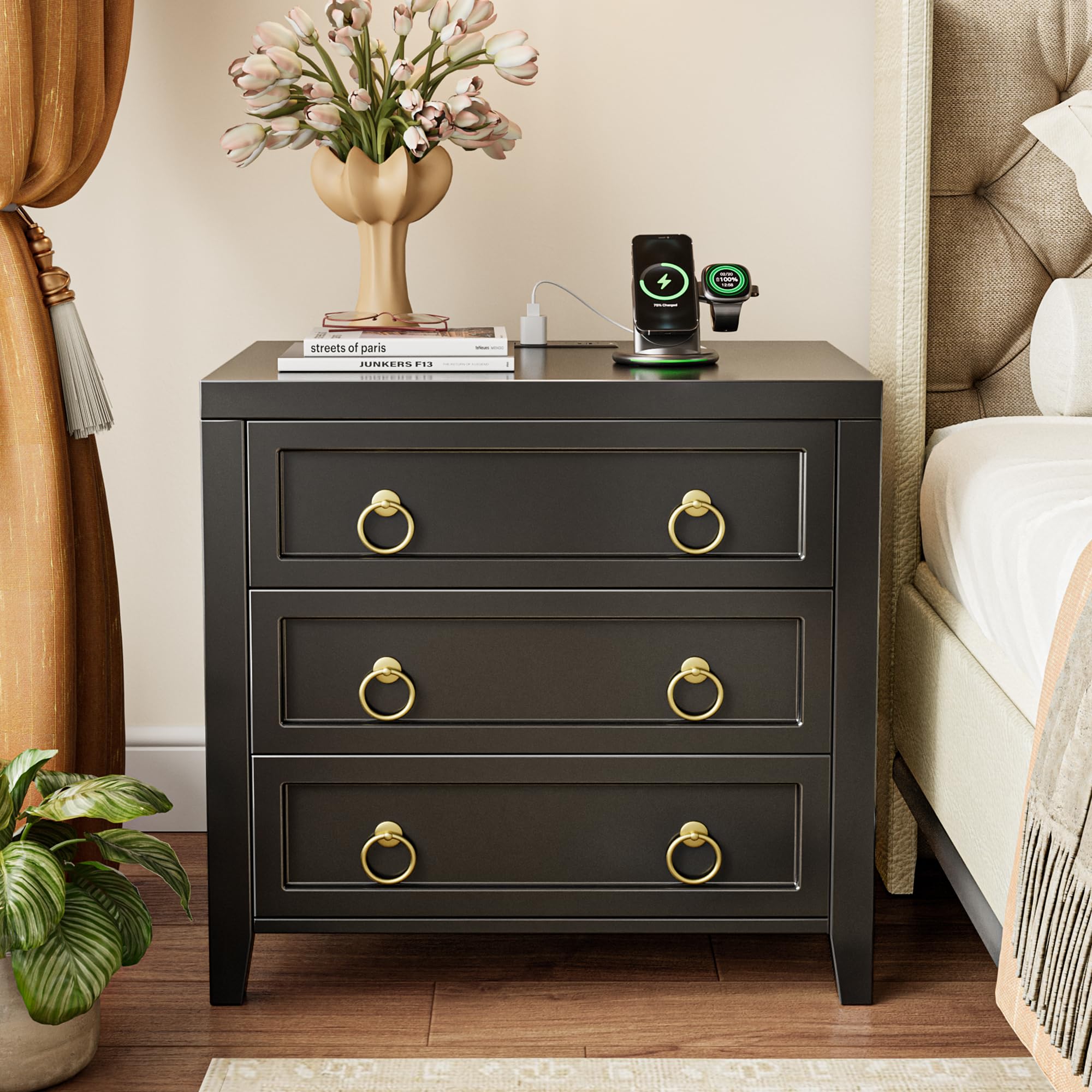 23.6 Inch Night Stand with Charger Station and USB-C Port, 3 Drawer Nightstands Set of 2